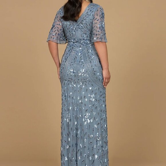Lara Cape Sleeve Blue V-Neck Beaded Gown, Mother of the Bride, Brand New w Tags - Picture 2 of 12